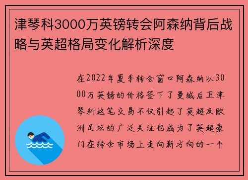 津琴科3000万英镑转会阿森纳背后战略与英超格局变化解析深度
